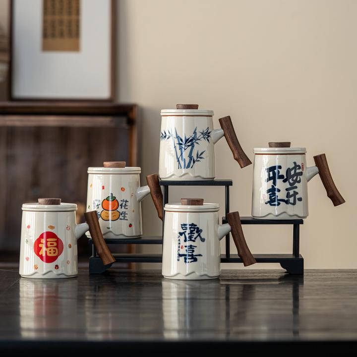 毕业季中式复古陶瓷马克杯带盖过滤杯子家用公司企业送朋友陶瓷杯