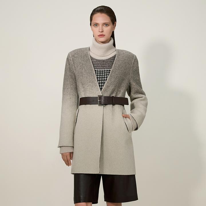 ANMANI恩曼琳25冬季新款桑蚕丝兔毛简约无领设计毛呢外套EQA7D02B