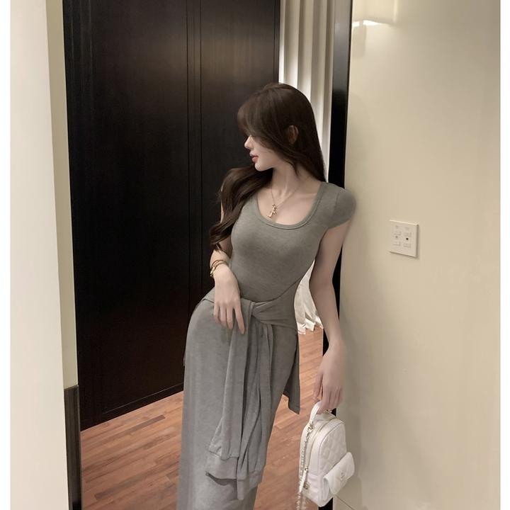 勿【愉悦】小众设计绑带假两件连衣裙女休闲风短袖连衣裙80785