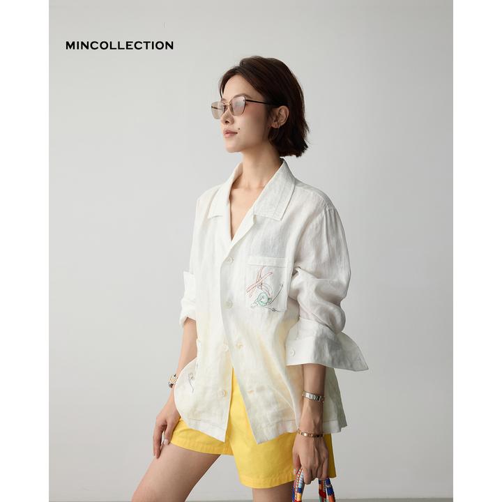 DE Mincollection口袋刺绣衬衫/图案刺绣古巴领镂空亚麻衬衫40017