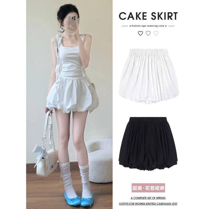 白色花苞裤裙女夏季2025新款高腰a字宽松休闲小个子外穿阔腿短裤