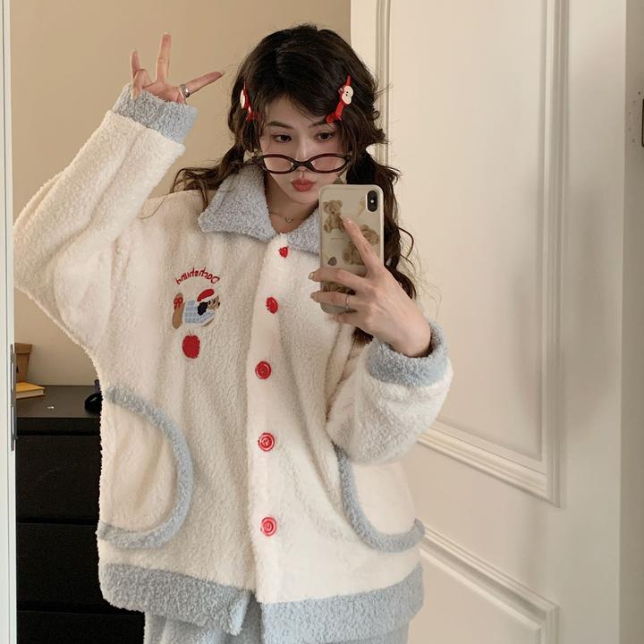 胖mm米粒绒开衫大码宽松家居服套装可爱甜美风冬季新款保暖睡衣女