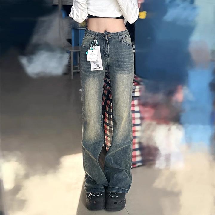 拉夏贝尔美式辣妹低腰微喇裤女秋季显瘦牛仔裤网红洋气喇叭马蹄裤