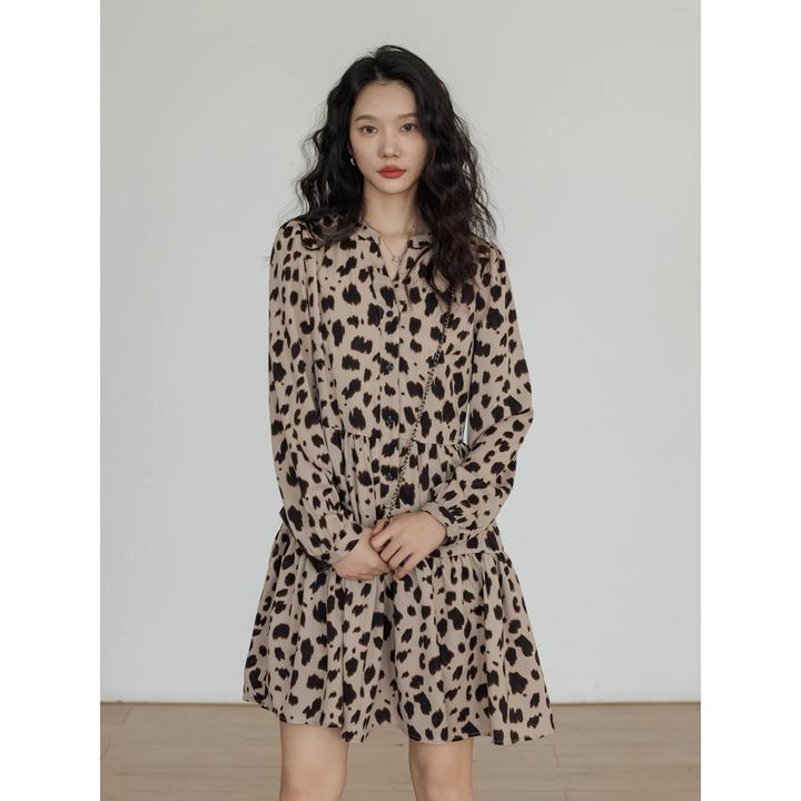 豹纹时尚春季连衣裙女2025新款长袖显瘦a字裙印花气质v领复古短裙
