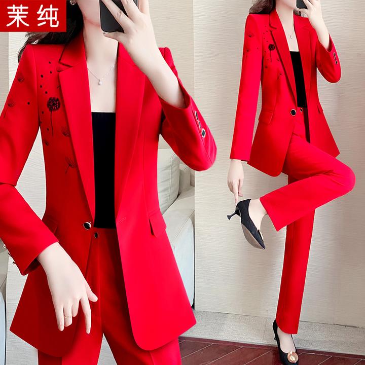西装外套女春装2025年新款红色绣花高级感炸街小西服上衣职业洋气