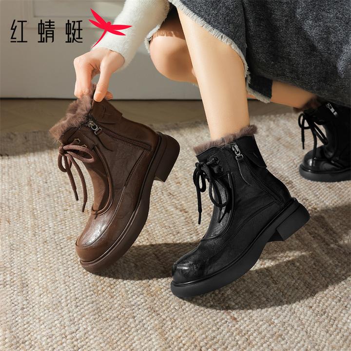 红蜻蜓2025时尚休闲百搭女式厚底冬季复古英伦风圆头系带时装靴