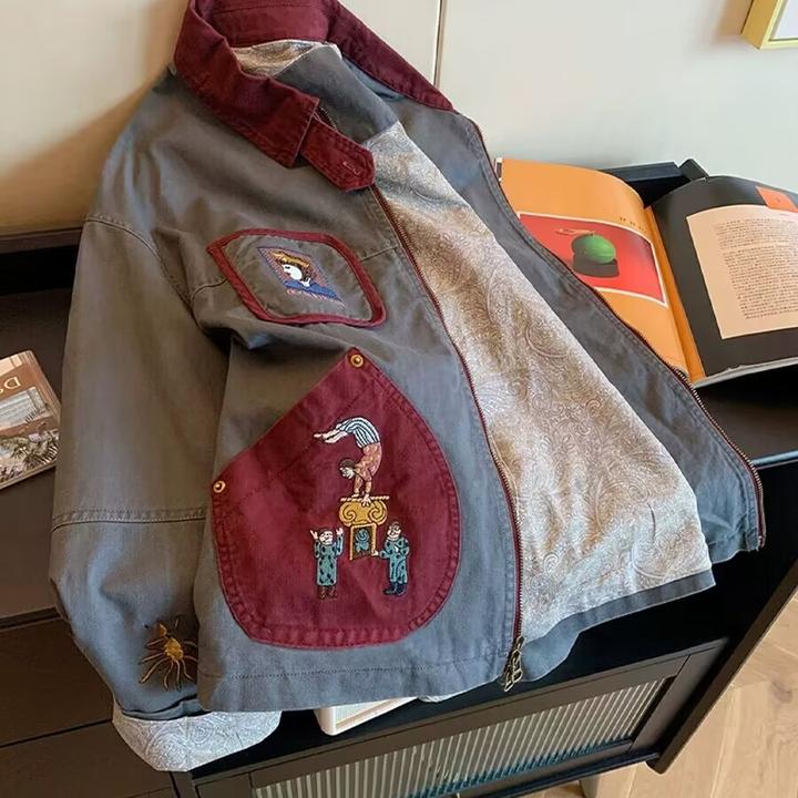 美式复古卡通刺绣撞色翻领宽松外套女冬季设计感时尚小众洋气上衣