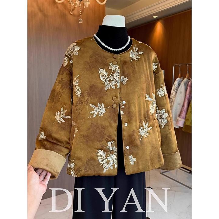 新中式妈妈冬装国风刺绣保暖棉衣洋气新款中老年女装加厚棉袄外套