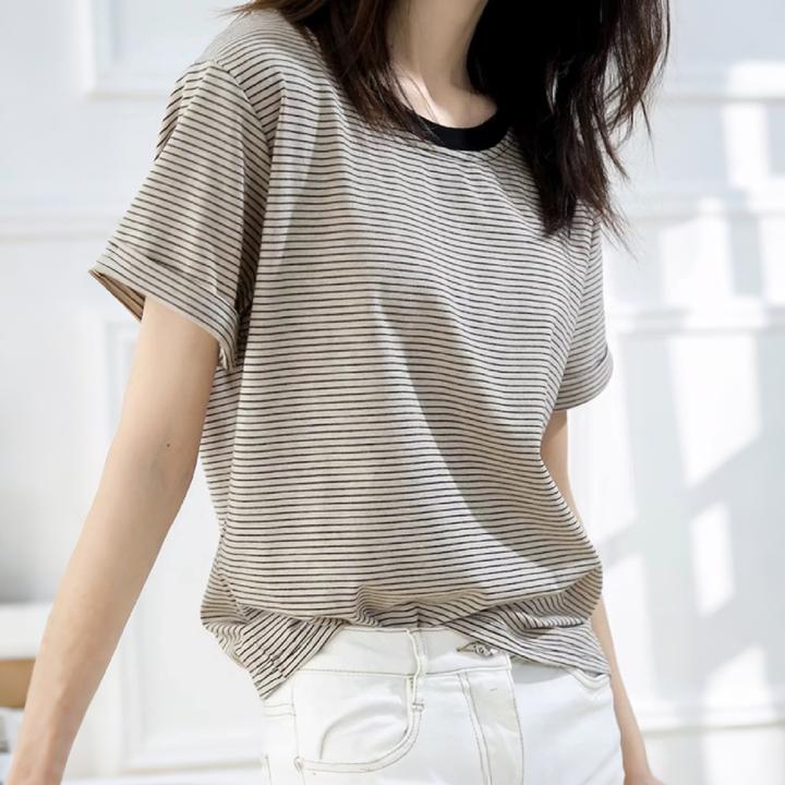 夏季新款宽松圆领韩版简约复古条纹短袖套头T恤减龄棉质百搭上衣