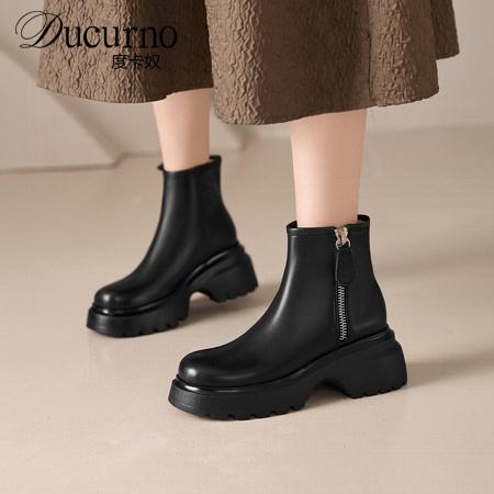 DUCURNO英伦风时尚百搭真皮马丁靴女圆头厚底粗跟短靴轻便瘦瘦靴