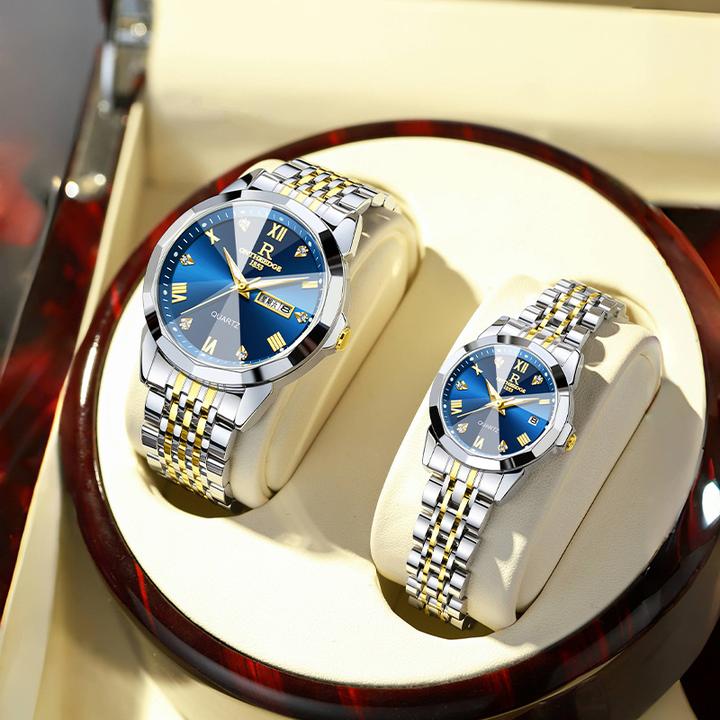 时尚优雅双日历防水石英表情侣男女款手表夜光气质简约对表情侣表