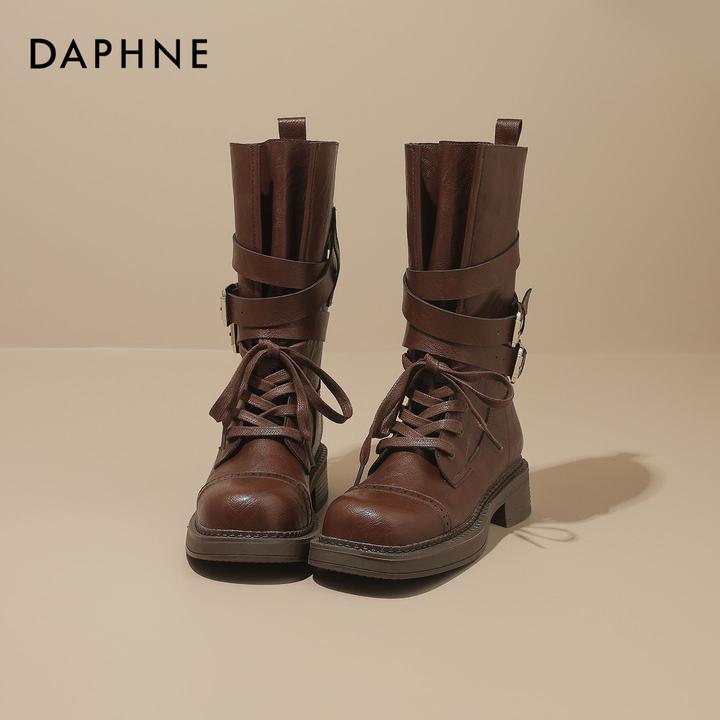 达芙妮厚底马丁靴女2025秋季新款复古英伦风粗跟皮带扣机车长筒靴