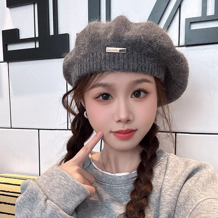 新款兔毛贝雷帽子女秋冬复古日系画家帽韩版百搭显脸小保暖蓓蕾帽
