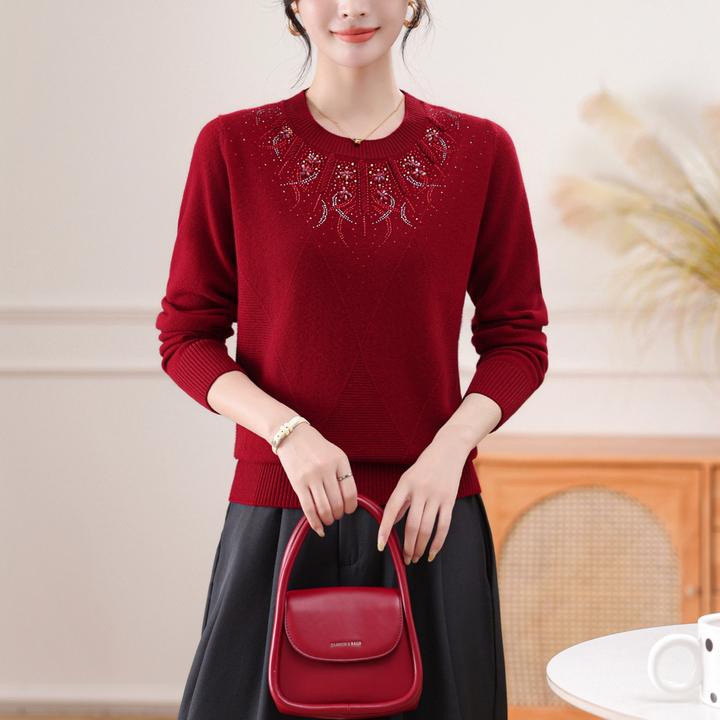 【100%绵羊毛】秋冬新款绣花烫钻圆领针织打底羊毛保暖毛衣