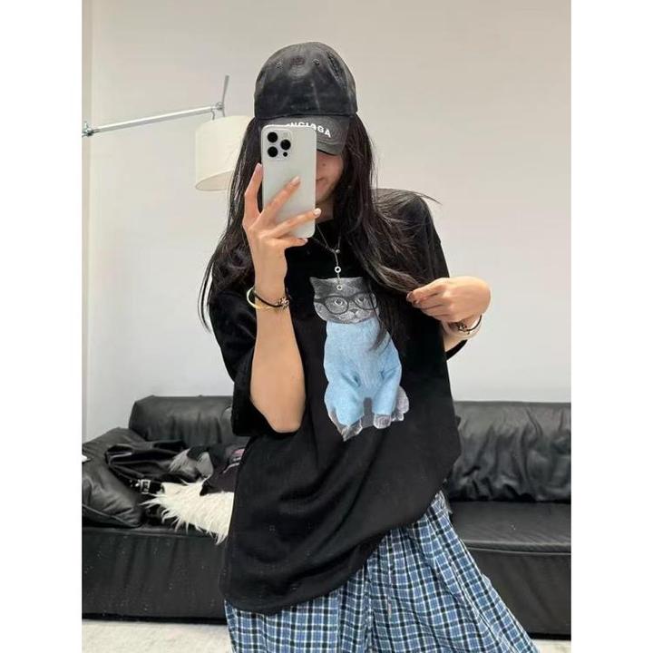 早春新款休闲宽松猫咪卡通印花短袖T恤女上衣减龄格子阔腿裤6000