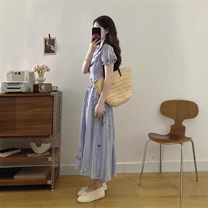 秘境之蓝大码法式气质显瘦遮肉短袖重工刺绣连衣裙女装长裙夏