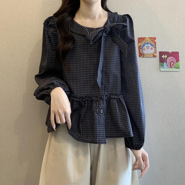 大码女装遮肚子蝴蝶结系带长袖衬衫女春秋胖mm复古显瘦娃娃衫上衣