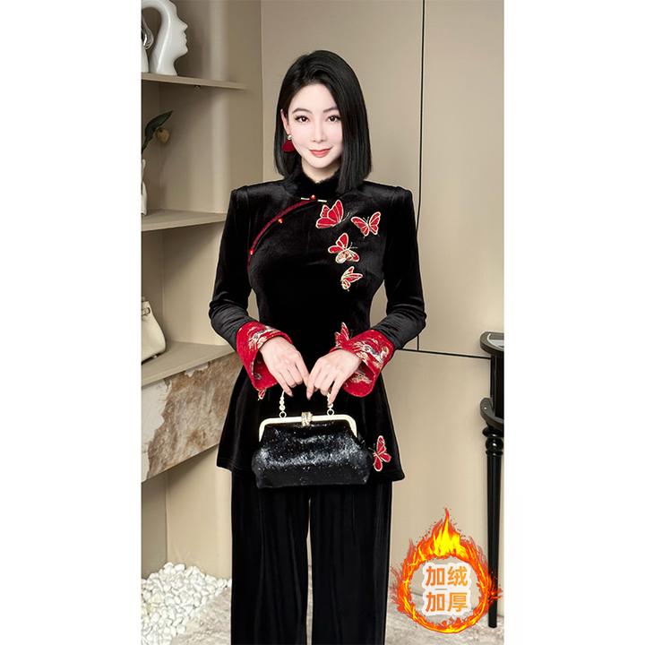 格娜冬季穿搭新中式改良奥黛款蝴蝶刺绣小立领上衣精致女装两件套
