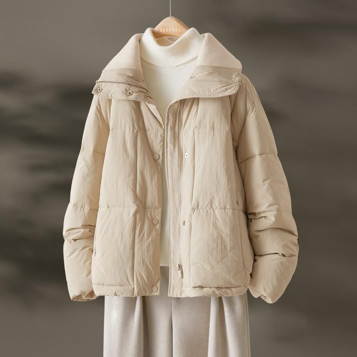 IHIMI/海谧2025年冬季新款女装简约百搭上衣拼接针织立领棉衣外套