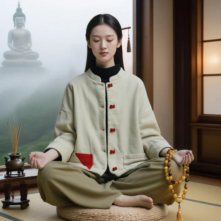 佛系居士服新中式国风圆领长袖上衣冬盘扣棉麻夹棉外套禅修服套装