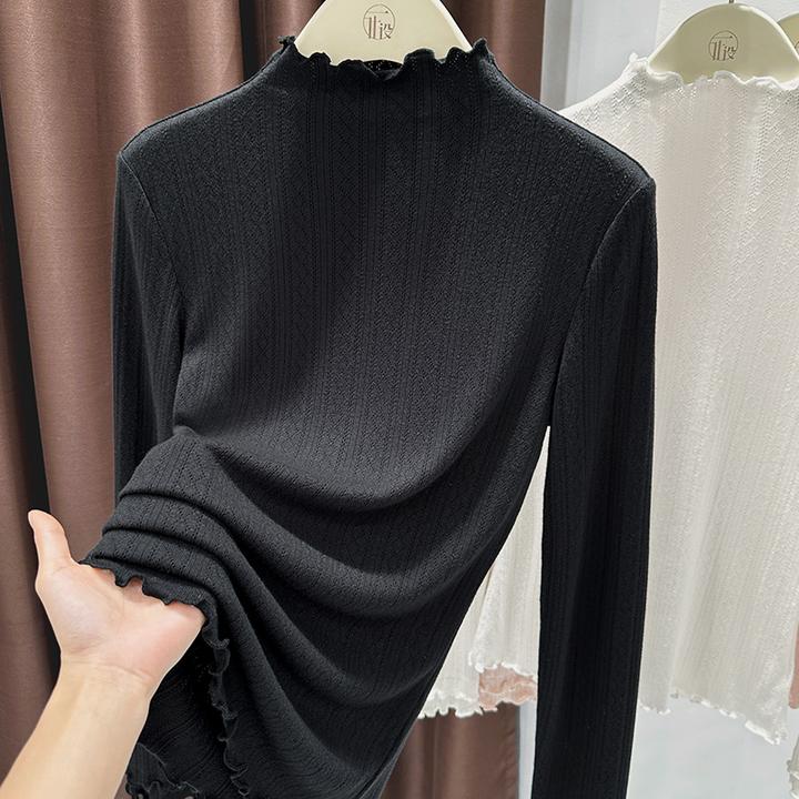 2025秋季新款修身显瘦纯色打底针织衫木耳边高领长袖薄款内搭上衣