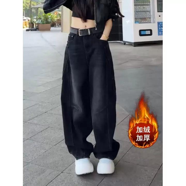 美式复古高街加绒牛仔裤女2025冬季新款大码胖mm高腰显瘦阔腿裤子