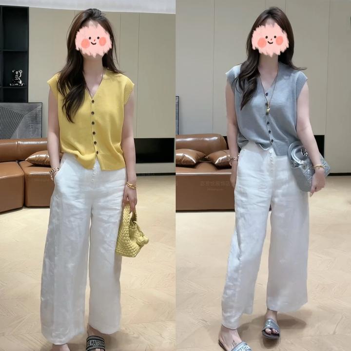 2025夏季新款简约气质百搭V领针织短袖上衣T设计感时尚阔腿裤套装