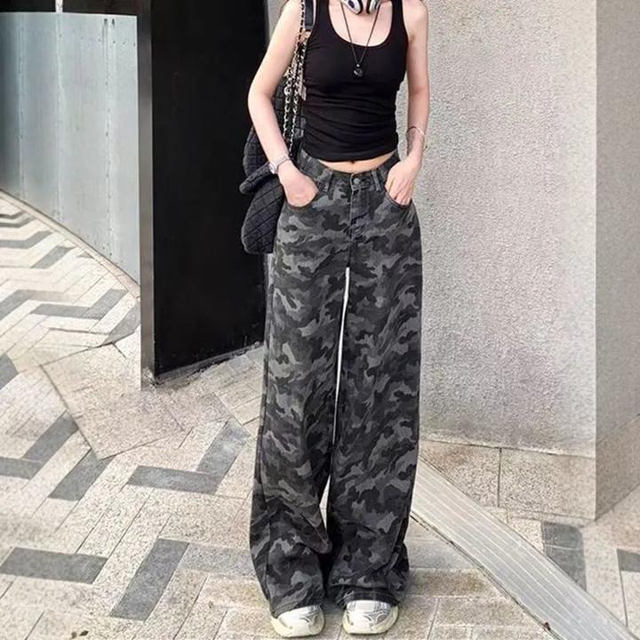 小个子美式复古迷彩牛仔裤工装阔腿新款宽松高腰直筒显瘦拖地裤子