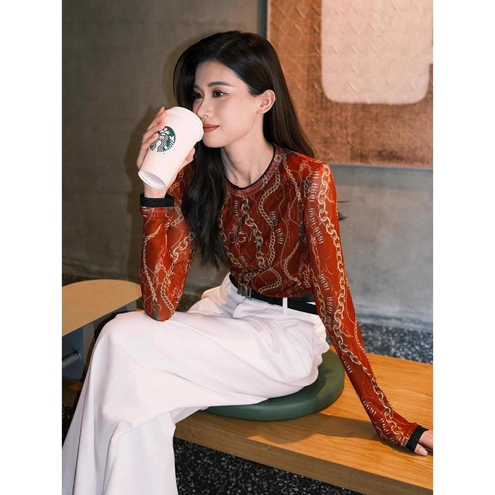 独特漂亮减龄洋气红色印花长袖T恤女夏设计感高级小众不撞衫上衣