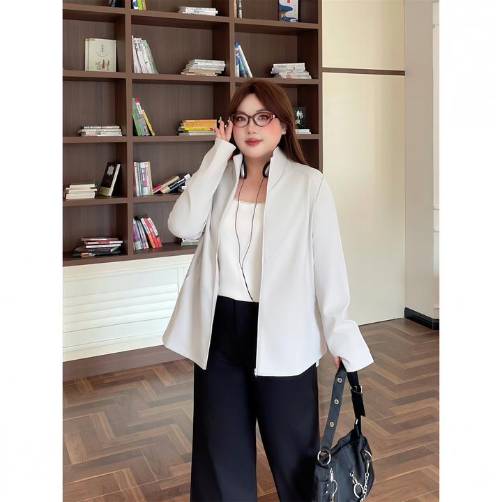 大码女装秋季简约花契200斤胖mm落秋设计师款立领软壳外套4339-C