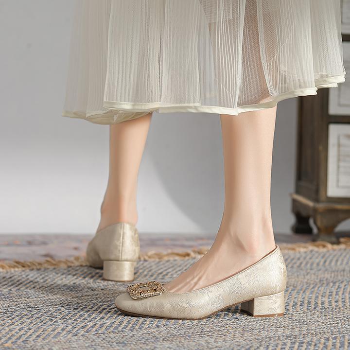 新中式浅口新国风气质小方扣中跟鞋百搭时尚复古方头粗跟春秋单鞋