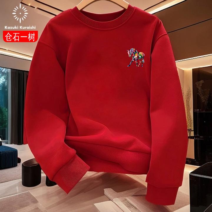 仓石一树潮牌马年本命年圆领卫衣男士秋冬2025新款加绒酒红色衣服