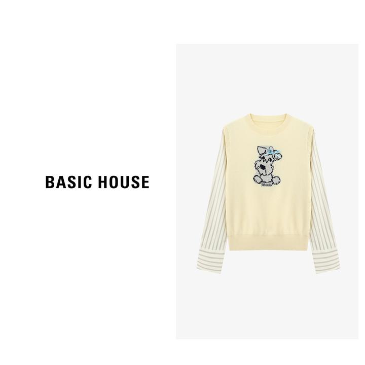 Basic House/百家好圆领套头拼接提花宽松卡通针织衫-B0625B5NHO2