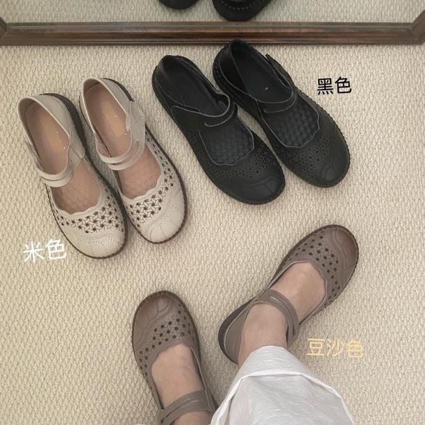 新店福利 闰月真皮一字带魔术贴圆头打孔洞洞鞋凉鞋软底妈妈鞋