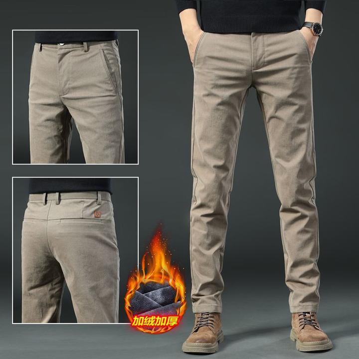 香港男款秋冬卡其色裤子加绒加厚裤子韩版百搭保暖中年高档休闲裤