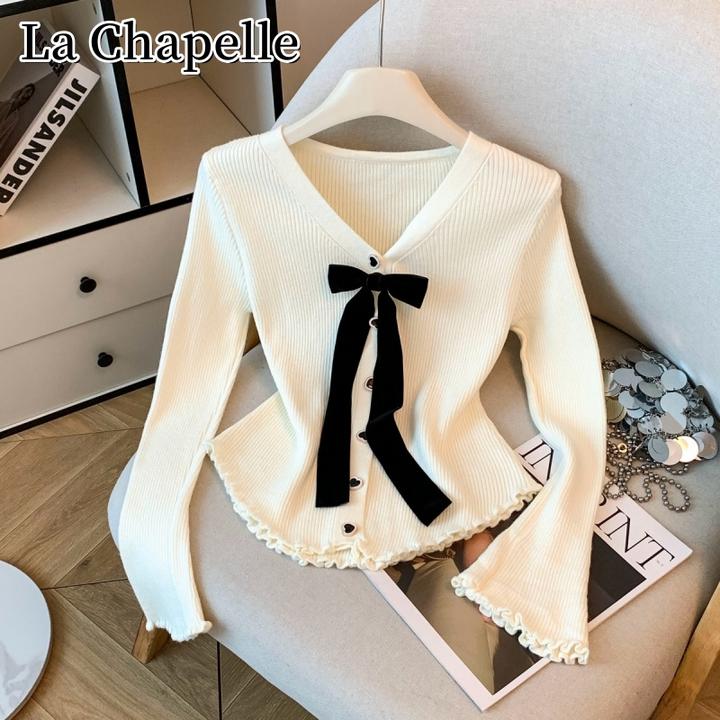 拉夏贝尔秋冬小香风蝴蝶结针织开衫洋气百搭显瘦V领喇叭袖上衣女