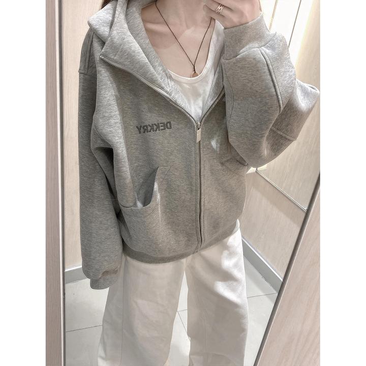 美式简约个性字母印花开衫连帽卫衣男女秋冬季宽松情侣拉链外套