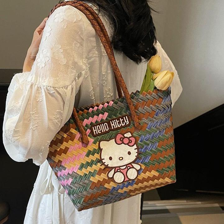 手拎卡通凯蒂猫编织包2025春夏新款时尚大容量菜篮子包高级感女包