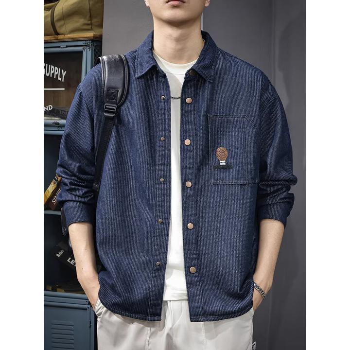 男士长袖衬衫2025秋季新款水洗提花宽松休闲翻领刺绣牛仔衬衣外套