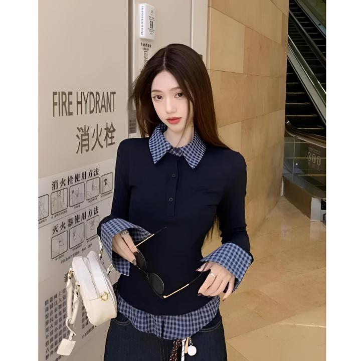 美式学院风假两件小众拼接衬衫长袖T恤女秋冬新款修身收腰上衣