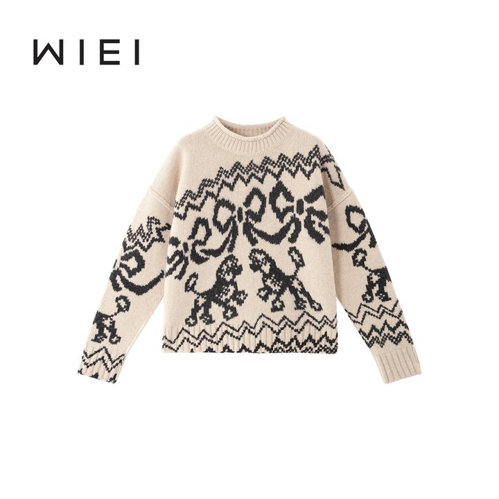 《WI EI》蝴蝶结*羊毛费尔岛蝴蝶结小狗提花落肩针织毛衣W25209179