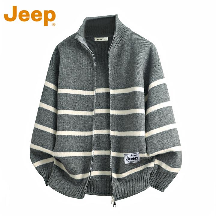 JEEP吉普慵懒风双拉链男士毛衣冬季立领保暖条纹情侣针织开衫外套