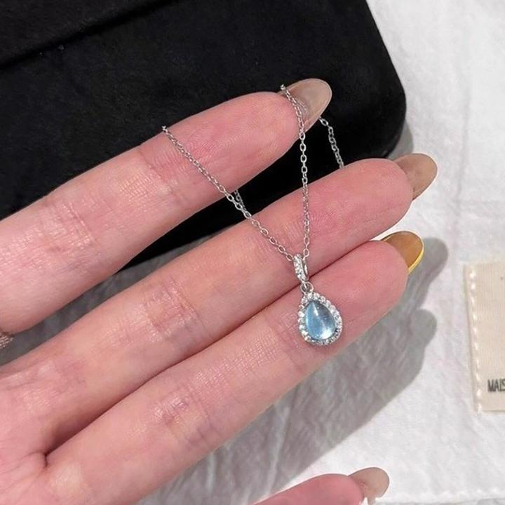 不锈钢锆石吊坠 人鱼之泪项链女精致轻奢高级感蓝色水滴锆石吊坠