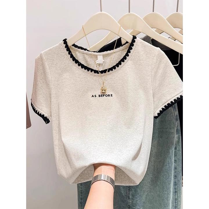 花灰色字母刺绣正肩短袖t恤女下口宽松显瘦独特别致拼接撞色上衣