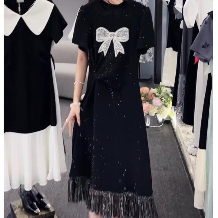 2025夏季新款时尚潮流带亮片蝴蝶结收腰显瘦流苏下摆百搭连衣裙女