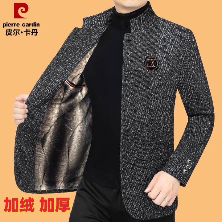 皮尔卡丹【专柜正品】冬季新款中年立领加绒加厚毛呢子夹克外套男士