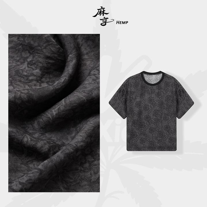 麻享【拾花集·墨玉玫瑰】莨麻水墨印花T恤夏季女士圆领宽松FSY50821