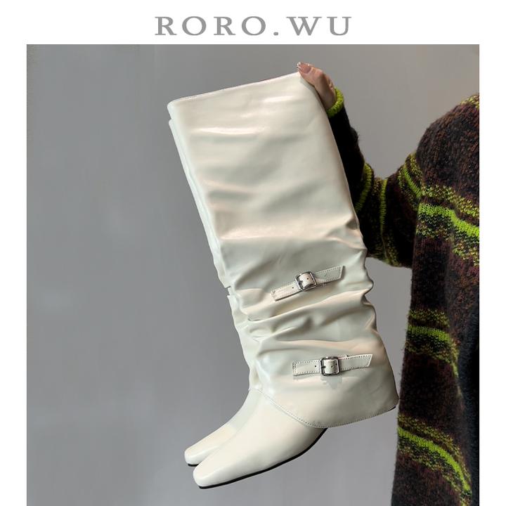 娆娆吴·复古英伦风方头增高皮带扣长靴秋冬季新款粗跟时装靴女Z68