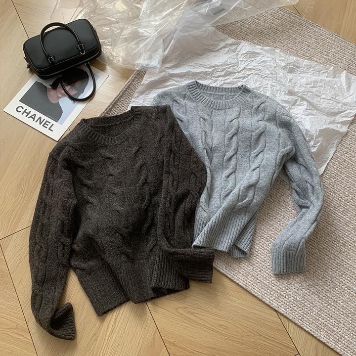 2025韩版圆领套头麻花长袖针织衫女秋冬新款打底外穿百搭上衣毛衣