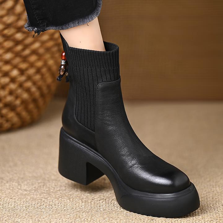 7.5cm高跟圆头粗跟短靴女头层牛皮复古针织袜靴厚底套筒弹力靴子